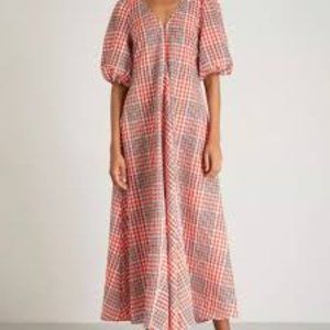 GANNI Checked cotton-blend seersucker maxi dress